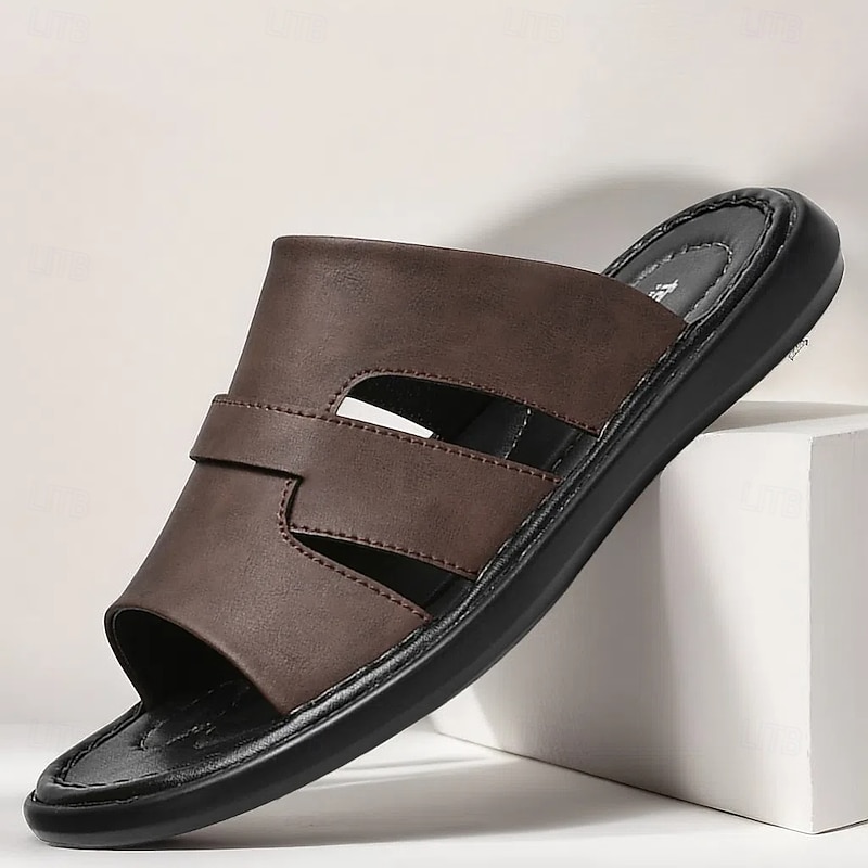 Men's Brown Faux Leather Slide Sandals – Premium Quality with Adjustable Straps, Perfect for Summer Vacations, Beachwear and Casual Outdoor Activities