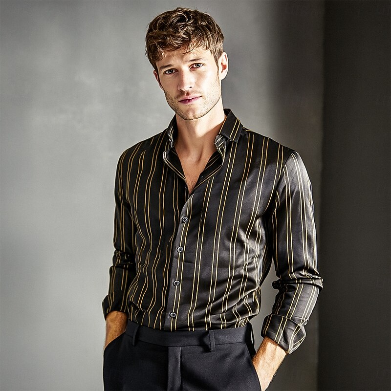 Men's Shirt Satin Shirt Striped Shirt Casual Shirt Button Up Shirt Vertical Stripes Wedding Vacation Black Long Sleeve Collar Spring &  Fall All Seasons Clothing Apparel2
