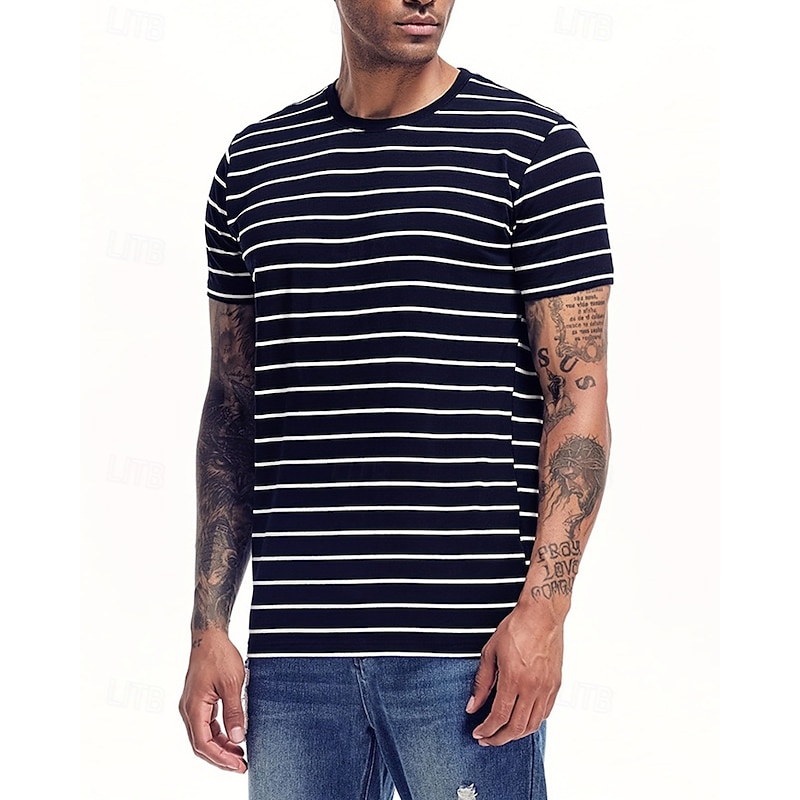 Men's T Shirt Tee Short Sleeve Shirt Tee Top Short Sleeve Crew Neck Summer Spring Stripes Fashion Designer Basic Classic Vacation Street Going out Black Navy Blue Top Tee for Men3