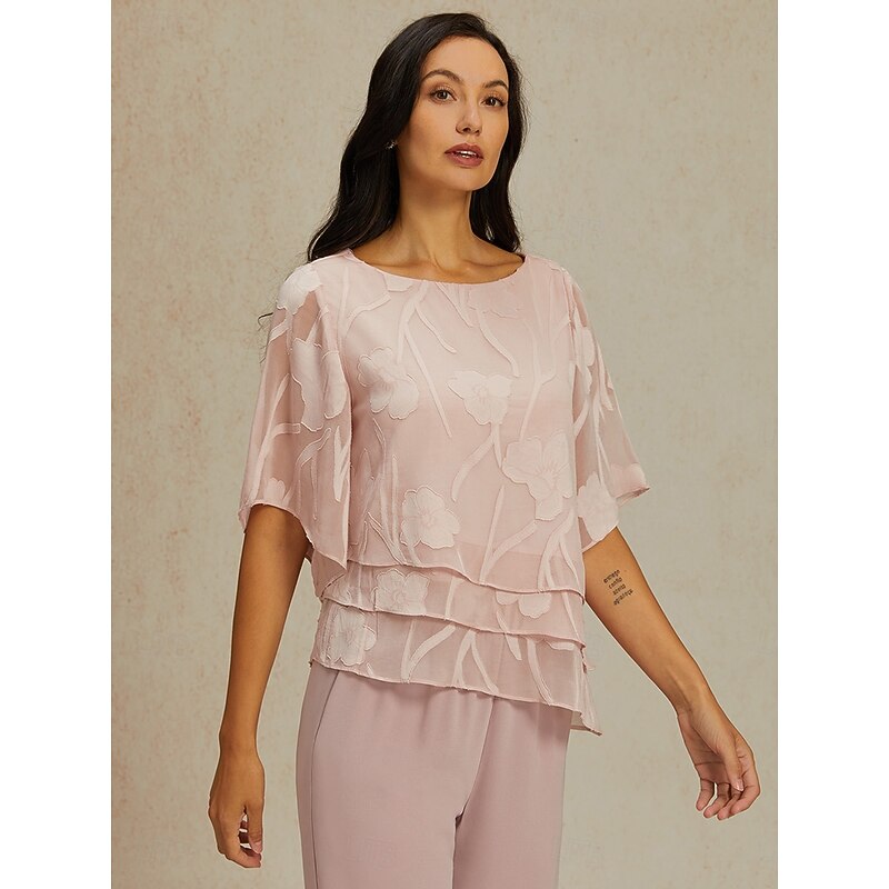 Women's Lace Shirt Blouse Dressy Tops Chiffon Tops Solid Color Floral Graphic Elegant Stylish Basic Half Sleeve Flutter Sleeve Boat Neck Regular Tops Wedding Guest Work Daily Asymmetric Hem Pink