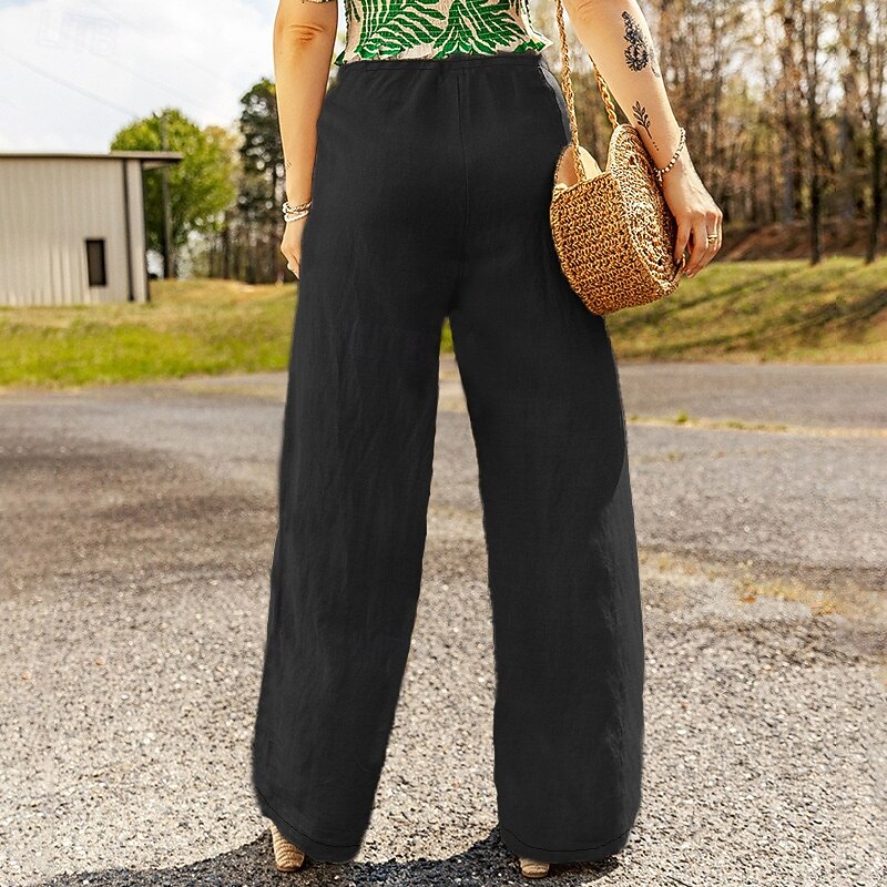 Women's Cotton Linen Pants Slacks Streetwear Casual Full Length Natural Plain Elastic Drawstring Design Comfy Outdoor Daily Wear Weekend Black Dark navy Dark Gray Khaki Summer Regular Fit4