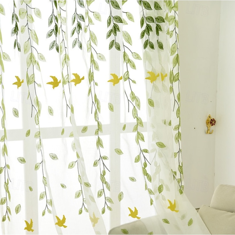 2Pcs American Style Willow Leaf Embroidered Window Screen Living Room Bedroom Dining Room Study Semi Transparent Curtains2