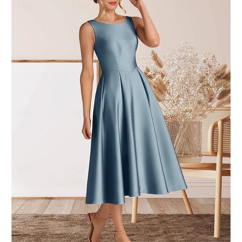 A-Line Cocktail Dresses Elegant Dress Homecoming Cocktail Party Tea Length Sleeveless Crew Neck Satin with Pleats4