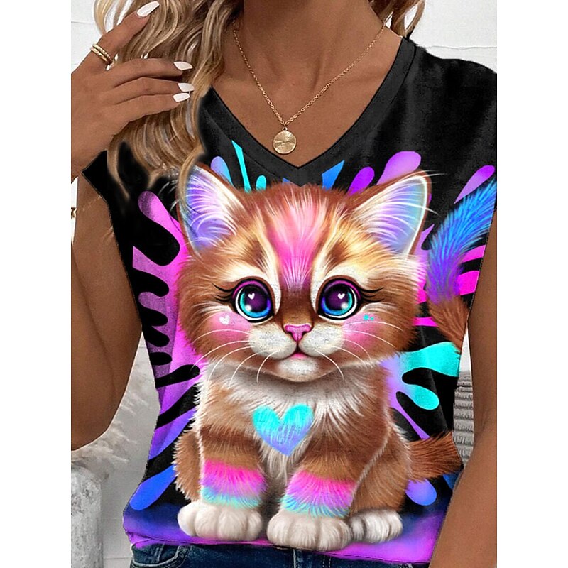 Lil Kitty By Sheena Pike Women's Camisole Tank Top Graphic Animal Vintage Tropical Stylish Sleeveless V Neck Regular Tops Daily Holiday Black Summer Spring3