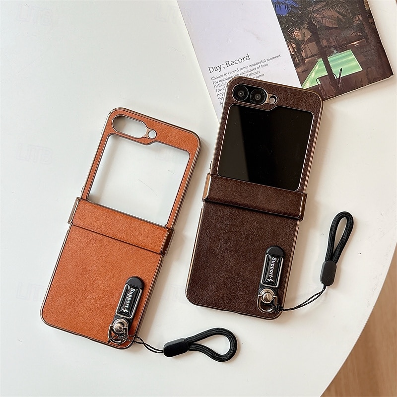 Phone Case For Samsung Galaxy Z Flip 6 Z Flip 5 Z Flip 4 Z Flip 3 Back Cover with Lanyard Shockproof Retro PC PU Leather2