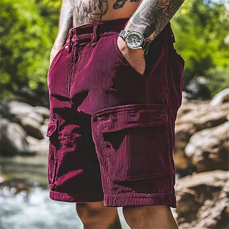 Men's Cargo Shorts Casual Shorts Hiking Shorts Corduroy Shorts Elastic Waist Multi Pocket Straight Leg Plain Comfort Soft Knee Length Outdoor Casual Daily Fashion Streetwear Black Blue Micro-elastic4