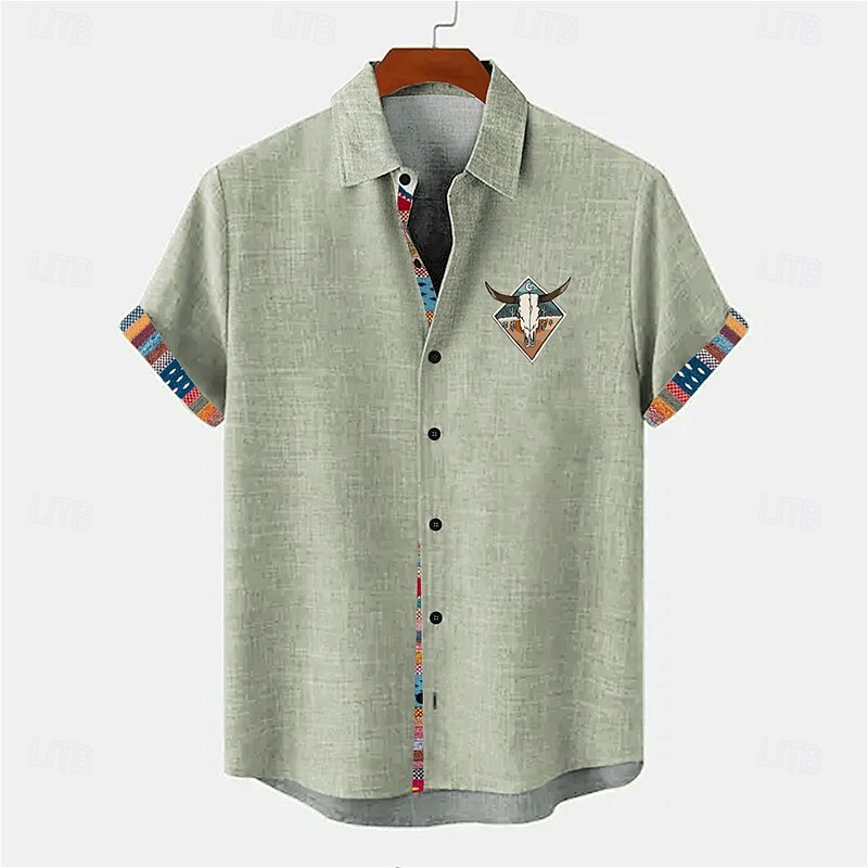 Men's Ethnic Linen Shirt Summer Hawaiian Shirt Button Up Shirt Short Sleeve Hawaiian Resort Vacation Holiday Beach Wear Summer Spring Turndown 3D Print Collared Shirts Blue Green Khaki