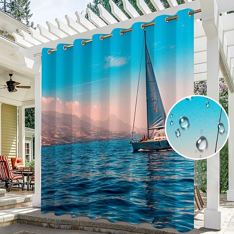 Waterproof Outdoor Curtain Privacy, Sliding Patio Curtain Drapes, Pergola Curtains Grommet 3D Ocean Boat Landscape For Gazebo, Balcony, Porch, Party, 1 Panel