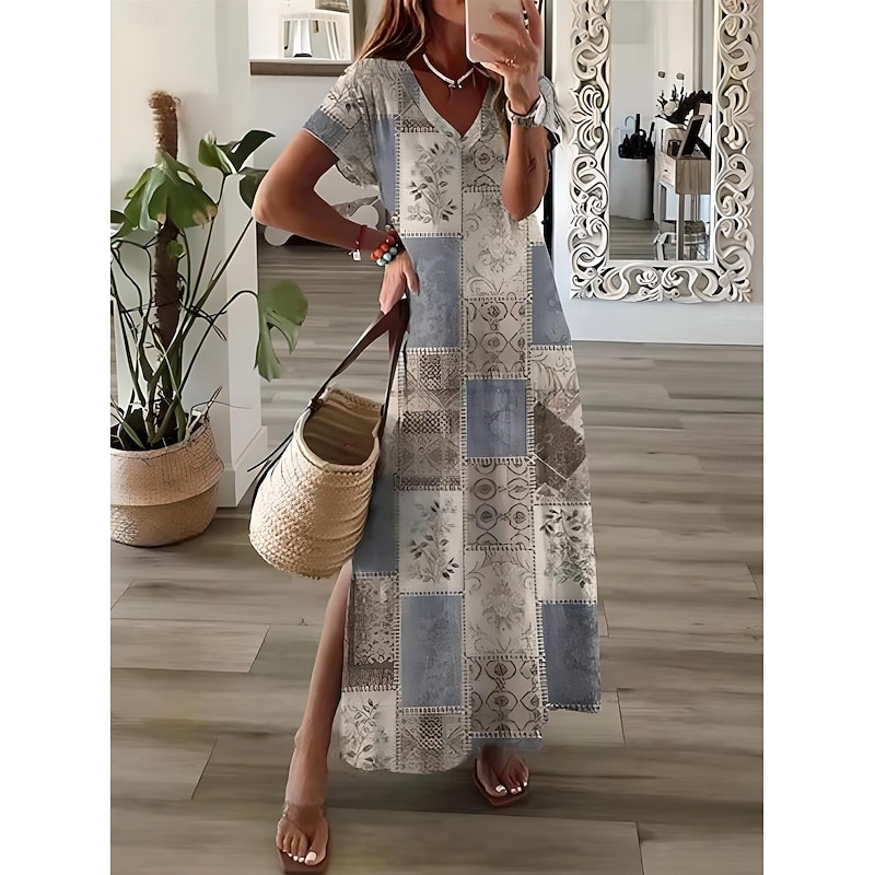 Women's Maxi Dress Sundress A Line Dress Vacation Casual Boho Going out Beach Loose Fit Floral Graphic Geometric Short Sleeve V Neck Light Brown Blue Sky Blue Grey Summer Spring4