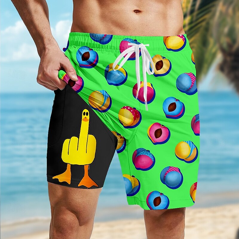 Men's Funny Peach Duck Lined Shorts 2 in 1 Board Shorts Swim Shorts Mid Waist Hawaiian Vacation Holiday Beach Wear Side Pockets With Compression Liner Elastic Drawstring Waist Designer Clothing4
