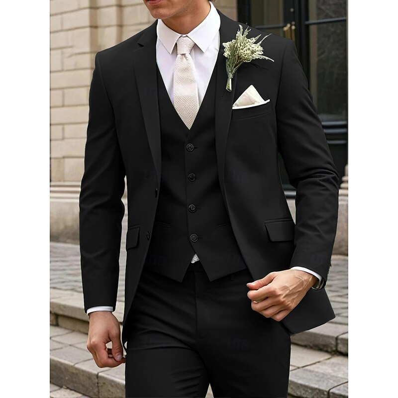 Men's Wedding Business Suits Notch Lapel Black Light Grey Formal Solid Colored Standard Fit 3 Piece Single Breasted Two-buttons2