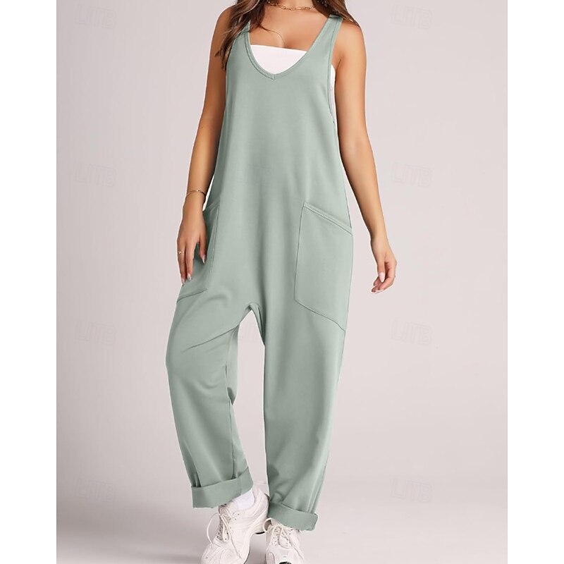 Women's Normal Dungarees Jumpsuit Streetwear Solid Color Sleeveless V Neck Pocket Going out Weekend Regular Fit Black Light Green Pink Summer2