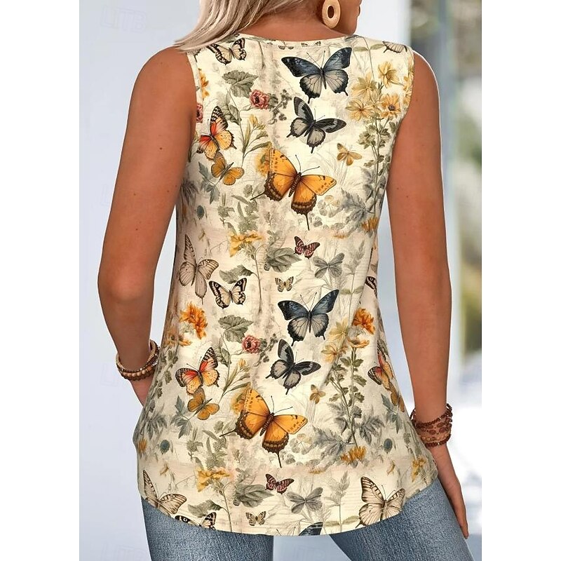 Women's Camisole Tank Top Floral Graphic Butterfly Daily Stylish Romantic Sleeveless V Neck Regular Tops Print Yellow Summer2