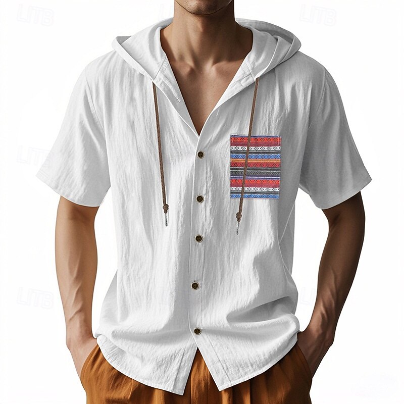 Men's Shirt Linen Shirt Summer Shirt Beach Wear Button Up Shirt Solid Color Vacation Street Black White Navy Blue Sky Blue Short Sleeves Hooded Summer Spring Clothing Apparel Patchwork