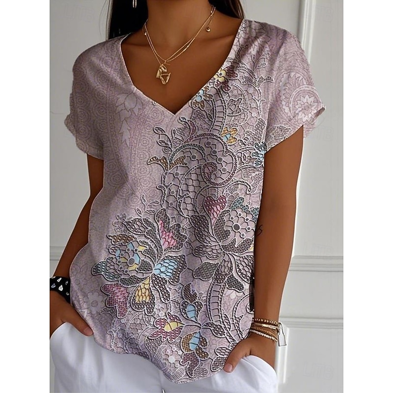 Women's Cotton Shirt Floral Graphic Vintage Stylish Classic Short Sleeve V Neck Regular Tops Daily Print White Purple Orange Summer Spring2