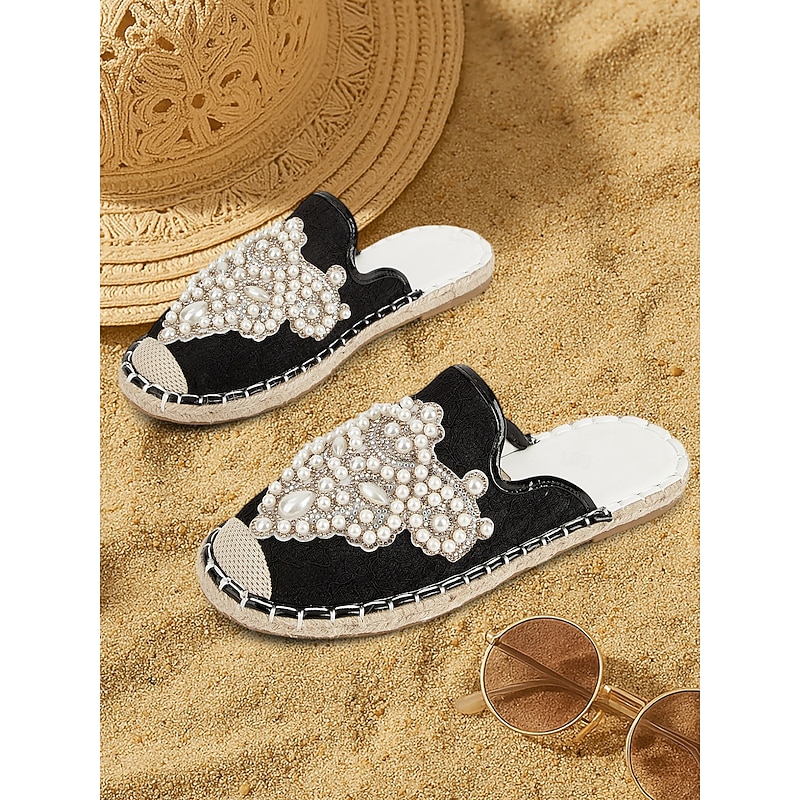 Women's Luxury Pearl Embellished Black Slide Sandals – Elegant Boho Summer Flats for Beach Weddings, Vacations, Festivals, and Resort Wear2