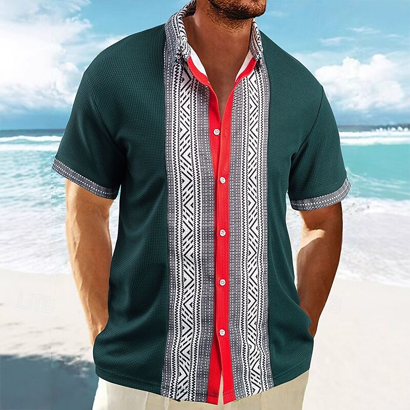 Men's Shirt Waffle Shirt Summer Shirt Casual Shirt Beach Shirt Button Up Shirt Black White Wine Green khaki Short Sleeve Geometric Lapel Vacation Daily Patchwork Clothing Apparel Fashion Casual2