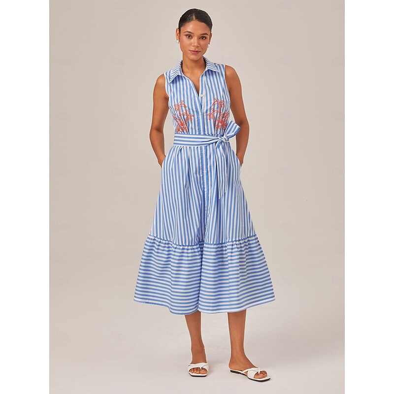 Summer Striped Embroidered Sleeveless Mid-length Dress