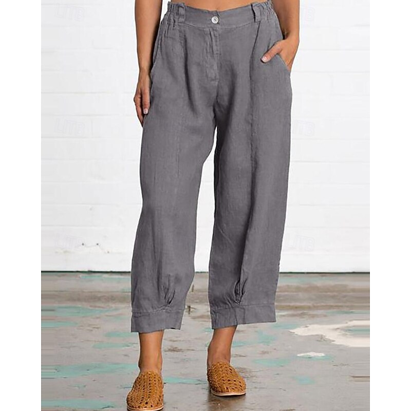 Women's Cotton Linen Pants Slacks Streetwear Casual Ankle-Length Natural Plain Pocket Elastic Waist Buckle Comfy Comfortable Outdoor Vacation Street Rust Grey Army Green Dark navy Summer Regular Fit4
