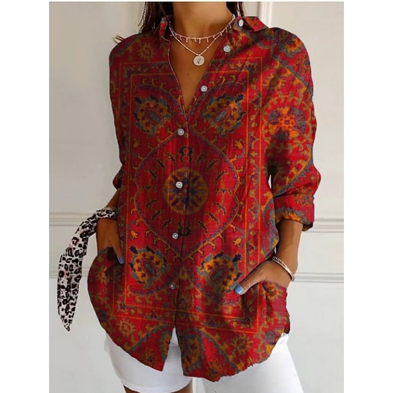 Women's Shirt Floral Graphic Retro Vintage Ethnic Long Sleeve Shirt Collar Regular Tops Daily Holiday Pocket Buttons Print Black Wine Blue Khaki Gray Summer3