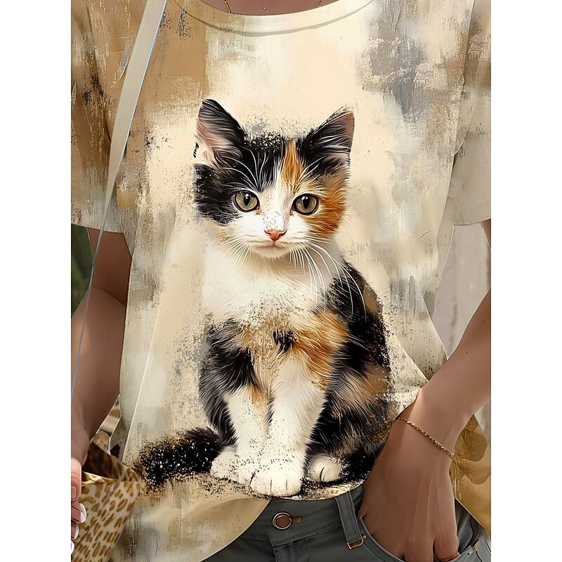 Women's T Shirt Graphic Animal Cat Stylish Classic Modern Short Sleeve Crew Neck Round Neck Regular Tops Daily Going out Weekend Print Light Brown Summer Spring3