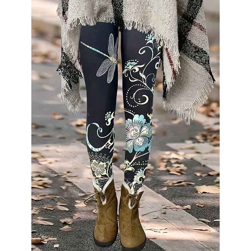Women's Leggings Vintage Fashion Basic Ankle-Length High Waist Floral Graphic Printing Thermal Warm Soft Breathable Stretchy Vacation Casual Daily Red Blue Spring Slim Fit