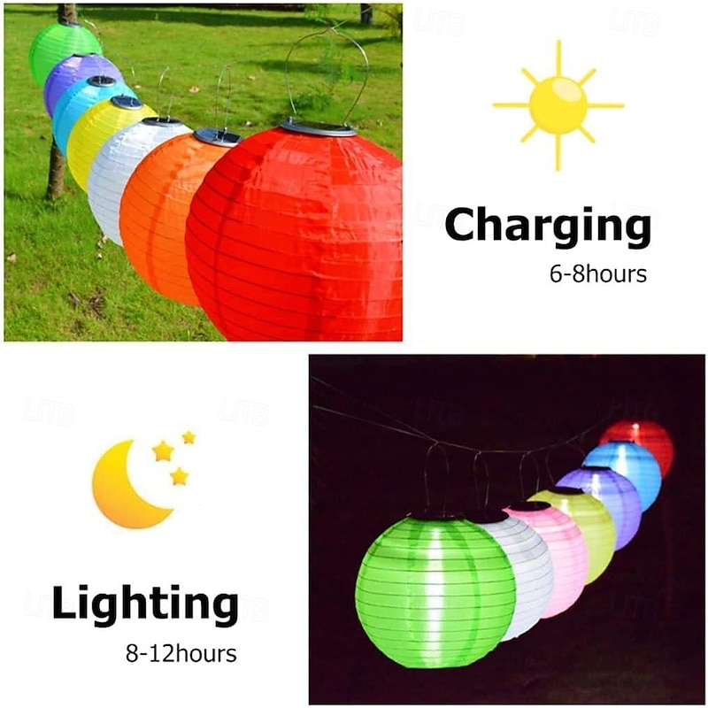 3 Packs Solar Paper Lanterns 8&10&12inch Waterproof Outdoor Nylon Cloth Paper Lantern Lamps Garden Hanging Paper Lanterns for  Outdoor Garden Wedding Halloween Party Decoration(Warm White)3