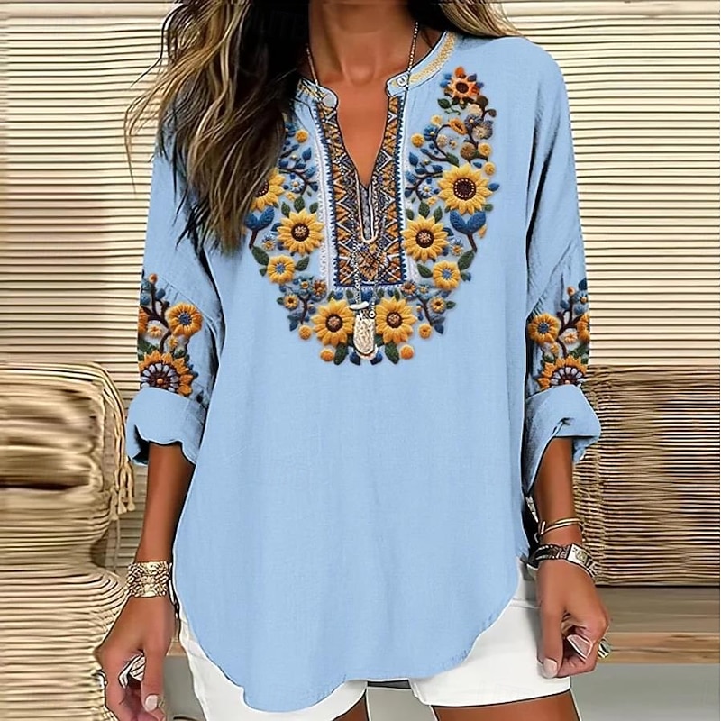 Women's Blouse Tunic V Neck Long Sleeve Boho Casual Tops Floral Graphic Bohemia Vintage Tropical Regular Tops Daily Vacation Wear Print Black White Blue Sky Blue Khaki3