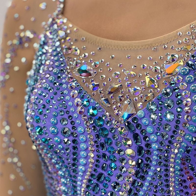 Figure Skating Dress Women's Girls' Ice Skating Dress Blue Thumbhole Open Back Mesh High Elasticity Training Competition Skating Wear Classic Crystal / Rhinestone Long Sleeve Ice Skating Figure4