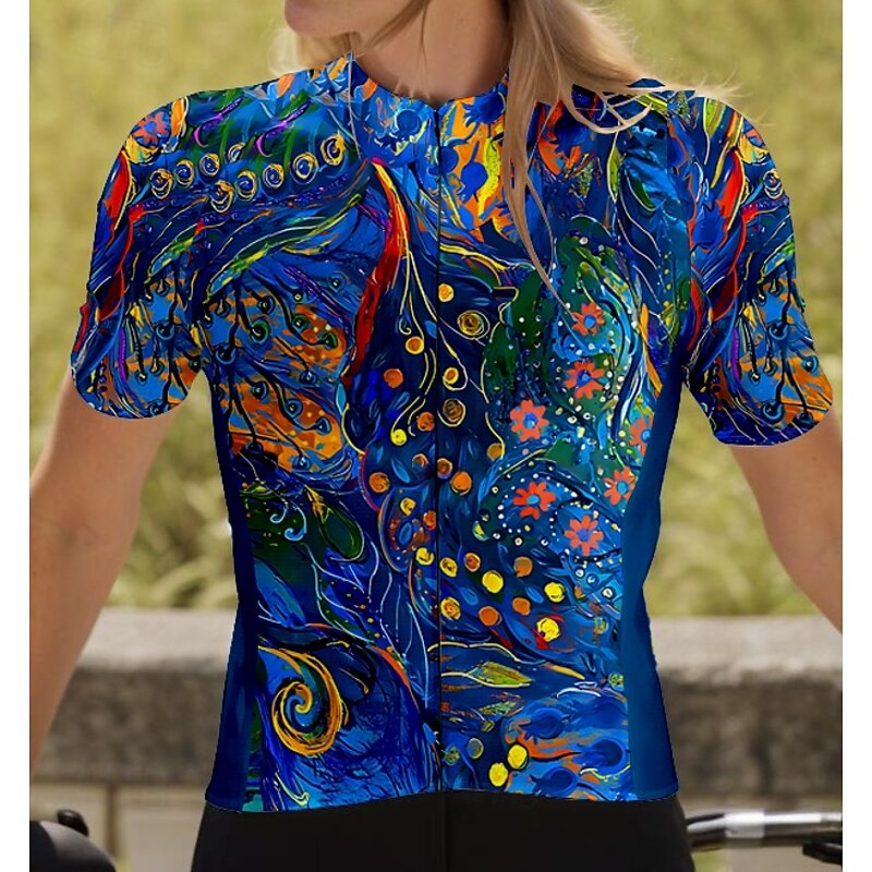 Women's Cycling Jersey Graphic Color Block Graffiti Short Sleeve Bike Jersey Top with 3 Rear Pockets Quick Dry Reflective Strips Back Pocket Moisture Wicking Sports Navy Blue Clothing Apparel3
