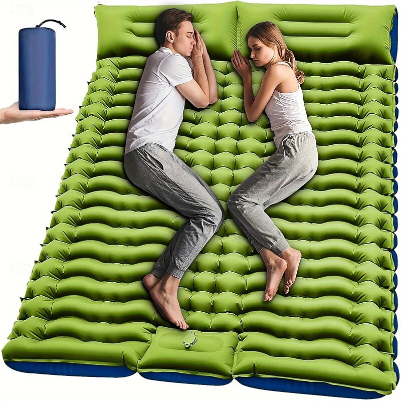 Self Inflating Double Sleeping Pad | 2 Person | Self Inflating Extra-Thick | Pillow Built-in Foot Pump Inflatable | Backpacking, Hiking, Traveling, Tent, Portable Camping Mat