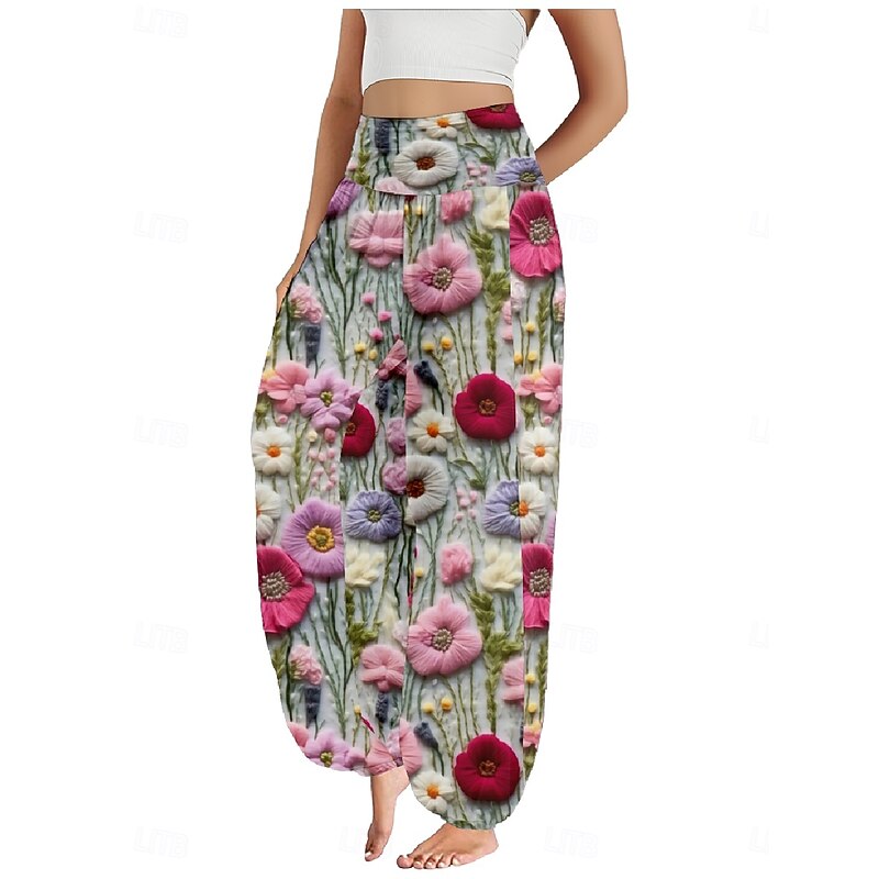 Women's Linen-Inspired Pants Wide Leg Pants Trousers Ethnic Style Casual Boho Full Length High Waist Floral Pocket Elastic Waist Printing Breathability Soft Micro-elastic Outdoor Yoga Pink Purple