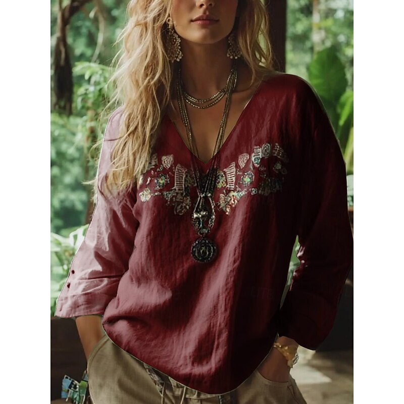 Women's Boho Blouse Floral Graphic Paisley Bohemia Vintage Tropical 3/4 Length Sleeve V Neck Regular Tops Black White Red Green Summer Spring4