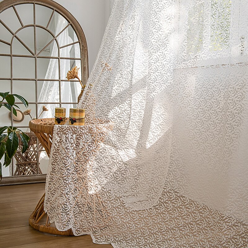1pc French Retro Romantic White Lace Embroidered Mesh Knitted Chiffon Curtain Top Pole Through Living Room Decoration Partition Curtain, Bedroom Window Finished Chiffon Window - Main Image