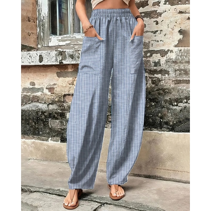 Women's Slacks Streetwear Casual Full Length Natural Striped Flower Pocket Elastic Waist Printing Outdoor Comfortable Street Daily Light Sky Blue Pink Blue Summer Regular Fit