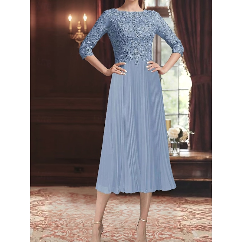 Dress Mother of the Bride Dress Elegant Vintage Simple Crew Neck Tea Length Polyester 3/4 Length Sleeve with Lace Solid Color