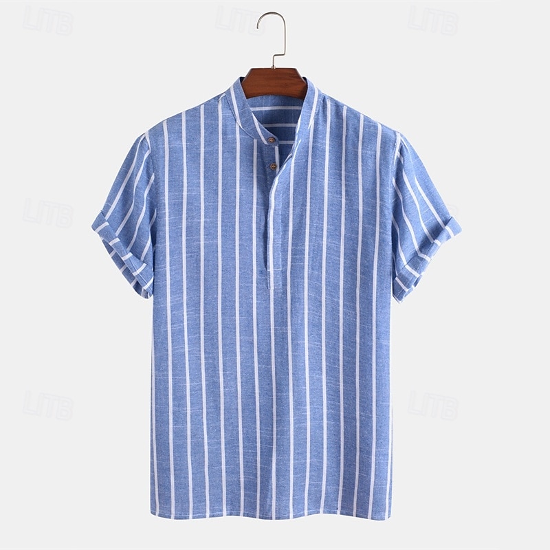 Men's Shirt Linen Shirt Popover Shirt Casual Shirt Stripes Vacation Street Black White Light Green Royal Blue Short Sleeve Stand Collar Summer Clothing Apparel Button-Down2
