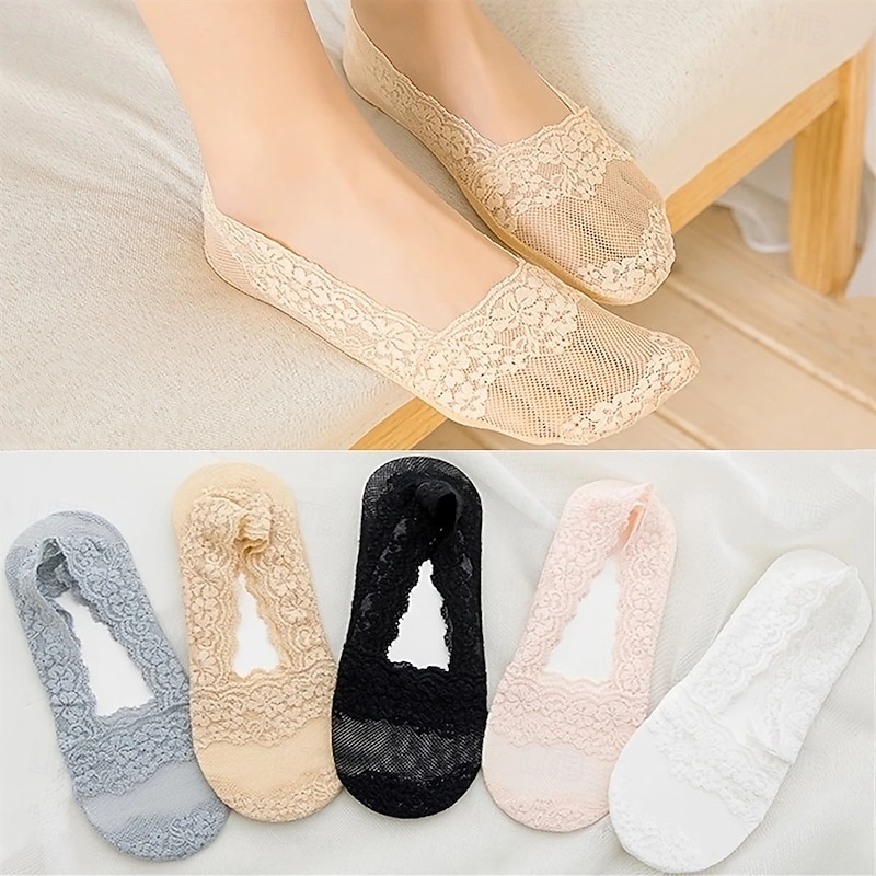 1 Pair Lace No Show Socks, Assorted Color Invisible Floral Lace Low Cut Ankle Socks, Women's Stockings & Hosiery