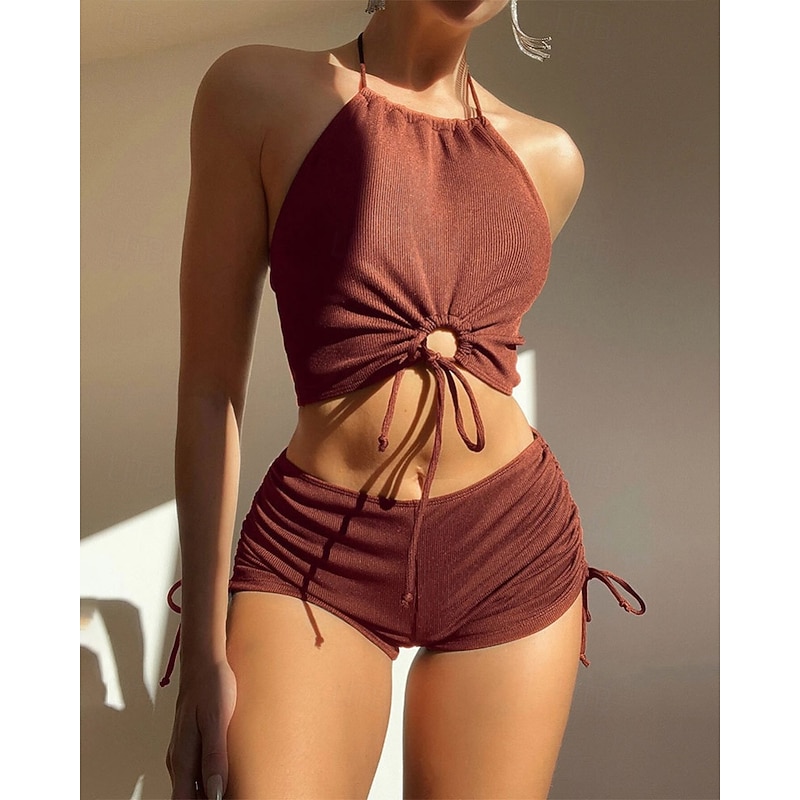 Women's Swimwear Bikini 2 Piece Swimsuit Backless Beach Wear Summer Solid Color Halter Neck Sleeveless Bathing Suits