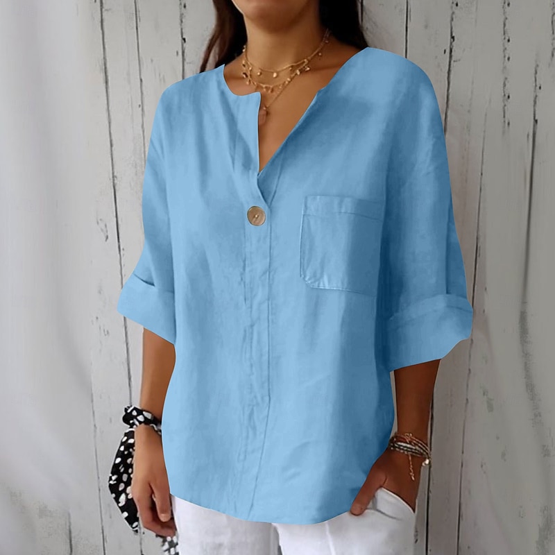 Women's Cotton Linen Blouse Solid Color Elegant Stylish Casual 3/4 Length Sleeve V Neck Regular Tops Daily Holiday Buttons Black White Pink Blue Beige Summer Spring4