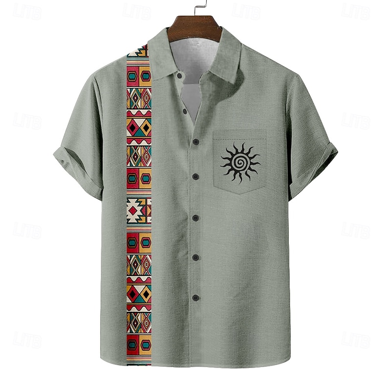 Men's Sun Aztec Ethnic Shirt Summer Shirt Button Up Shirt Short Sleeve Vintage Retro Holiday Casual Daily Summer Turndown 3D Print Front One Pocket Linen Like Shirt Blue Green Khaki Apricot