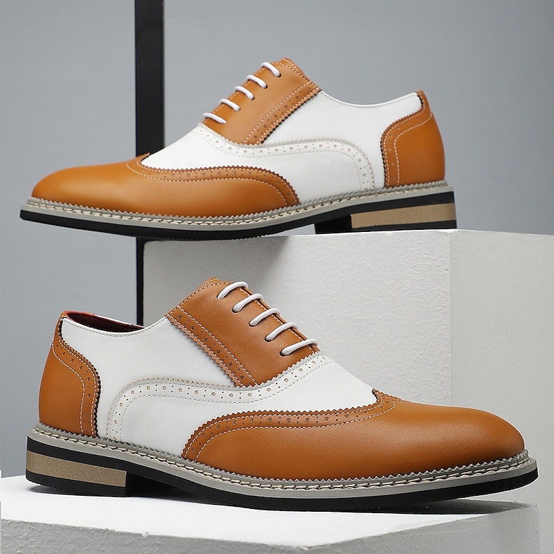 Men's White and Tan Faux Leather Brogue Shoes with Blue Accents – Trendy Prom Shoes for Stylish Men3