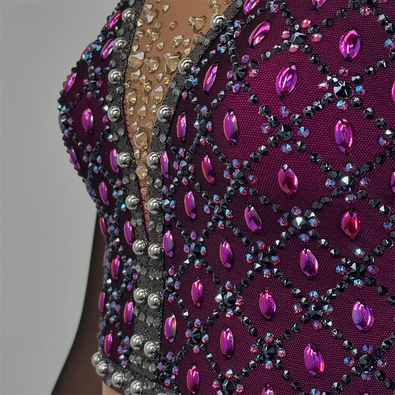 Figure Skating Dress Women's Girls' Ice Skating Dress Dark Purple Open Back Asymmetric Hem Mesh High Elasticity Training Competition Skating Wear Classic Crystal / Rhinestone Long Sleeve Ice Skating3