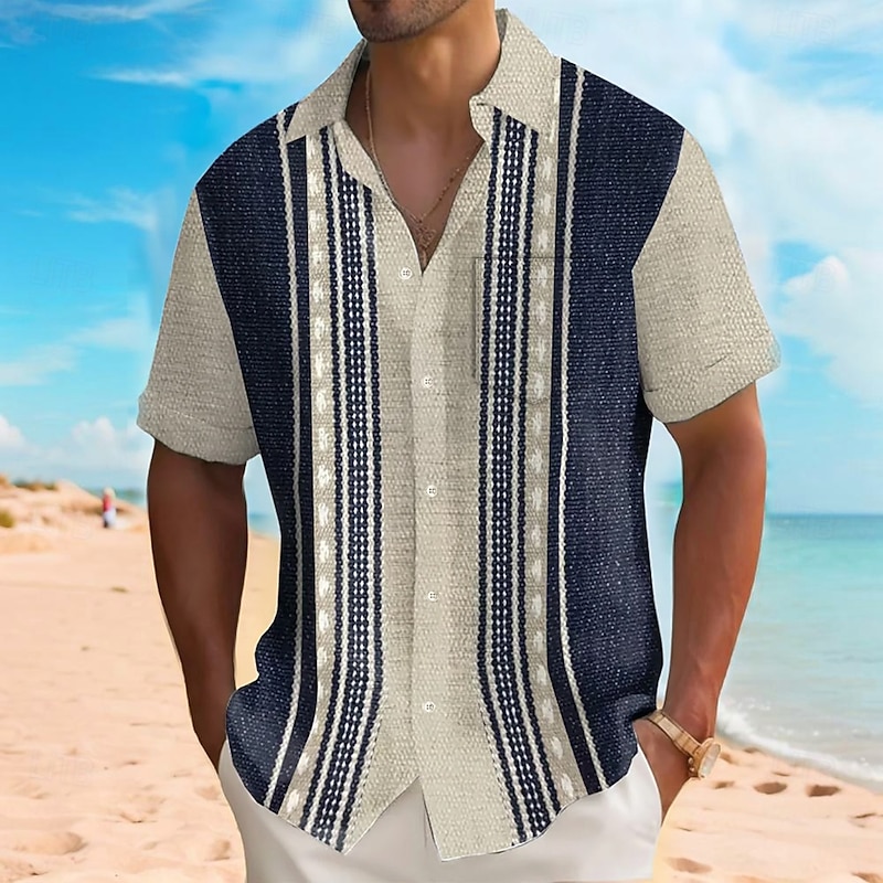 Men's Geometric Stripes Shirt Summer Shirt Button Up Shirt Short Sleeve Fashion Casual Vacation Holiday Streetwear Summer Turndown 3D Print Front One Pocket Linen Like Shirt Khaki