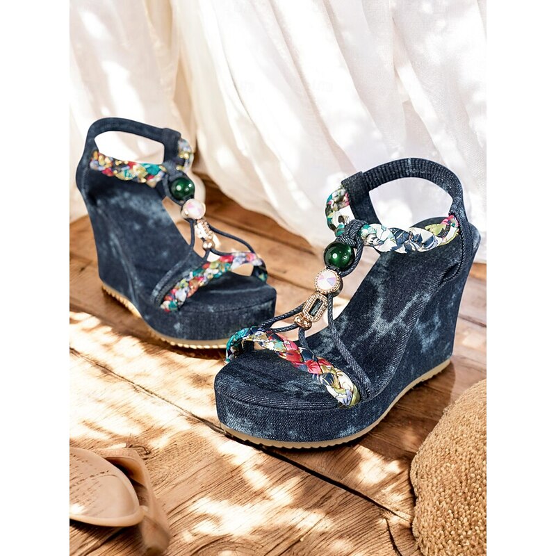 Women's Bohemia Floral Braided T-Strap Wedge Sandals with Gemstone Accents, Ideal for Summer Parties and Outdoor Gatherings2