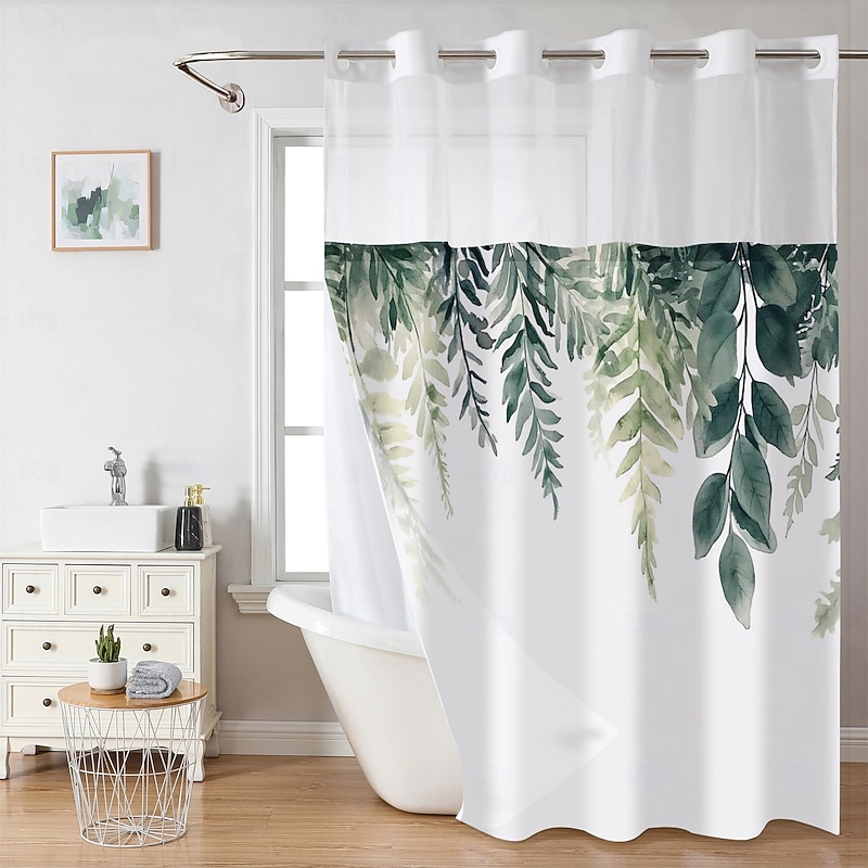 No Hook Shower Curtain 180cm*180cm(70"*70")with Snap-in Polyester Fabric Liner Sheer Top Window Waterproof Double Layer Bathtub Curtain Leaves Pattern3