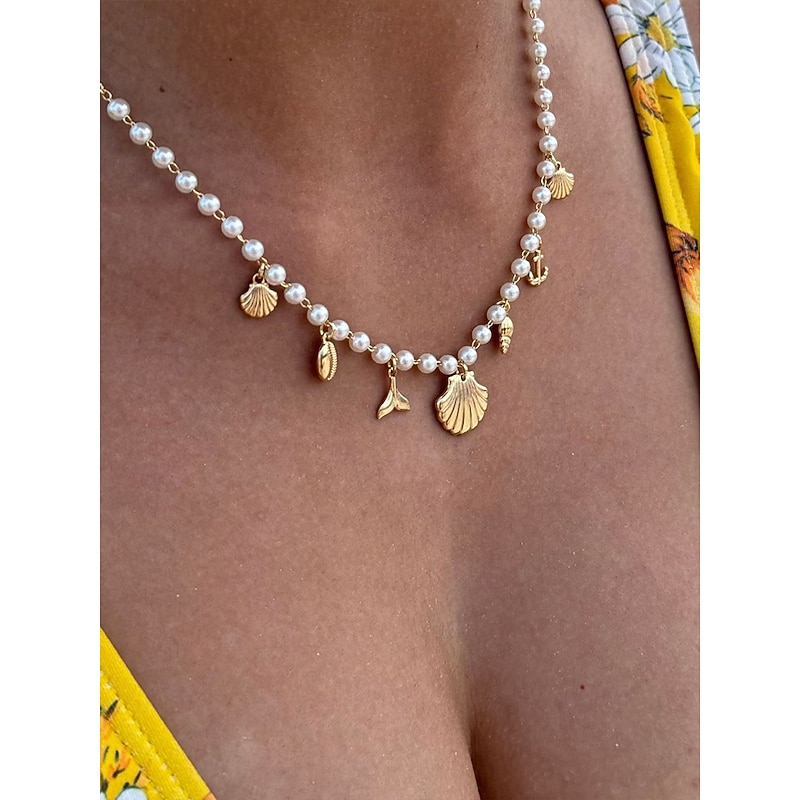 Women's Pearl Beaded Necklace with Gold Sea Charms – Nautical Beach Jewelry for Summer Vacation and Resort Wear2