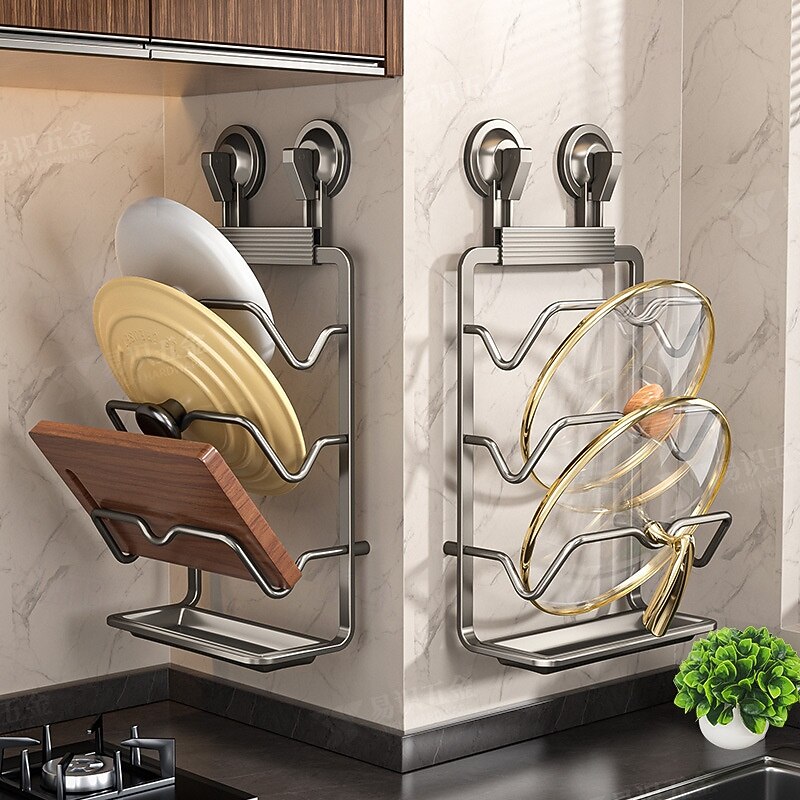 Kitchen Drain Rack Kitchen Storage Rack, Suction Cup, Wall-Mounted Cutting Board Storage Rack, Pot Lid Rack Storage Bracket Dish Rack with Drain