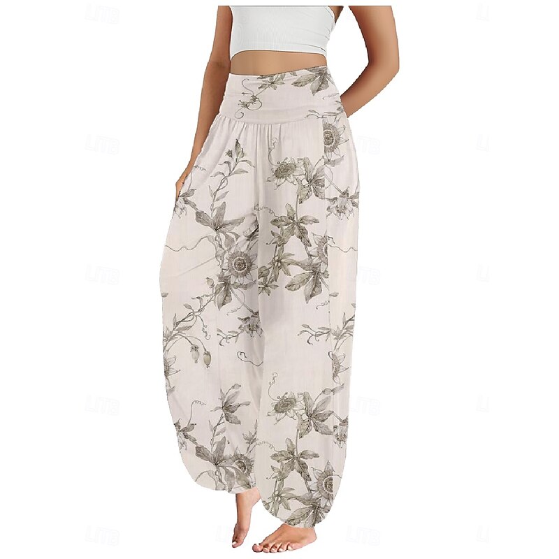 Women's Linen-Inspired Pants Wide Leg Pants Trousers Ethnic Style Casual Boho Full Length High Waist Floral Pocket Elastic Waist Printing Breathability Soft Micro-elastic Outdoor Yoga White Yellow4