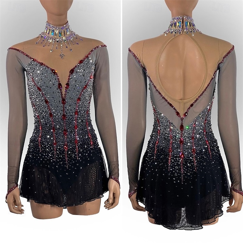 Figure Skating Dress Women's Girls' Ice Skating Dress Black Sliver Patchwork Thumbhole Mesh High Elasticity Training Competition Skating Wear Classic Crystal / Rhinestone Long Sleeve Ice Skating